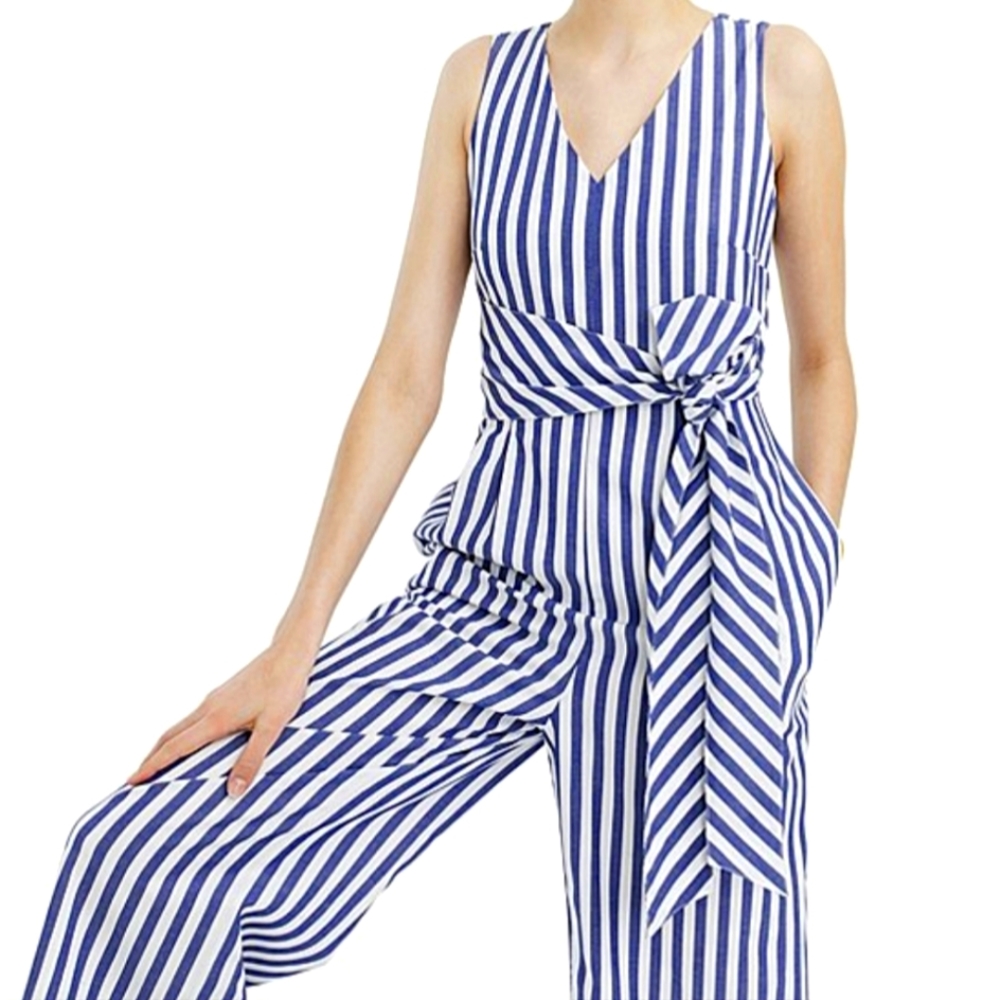 J crew blue pinstripe crisscross wrap jumpsuit with small cut out in back.